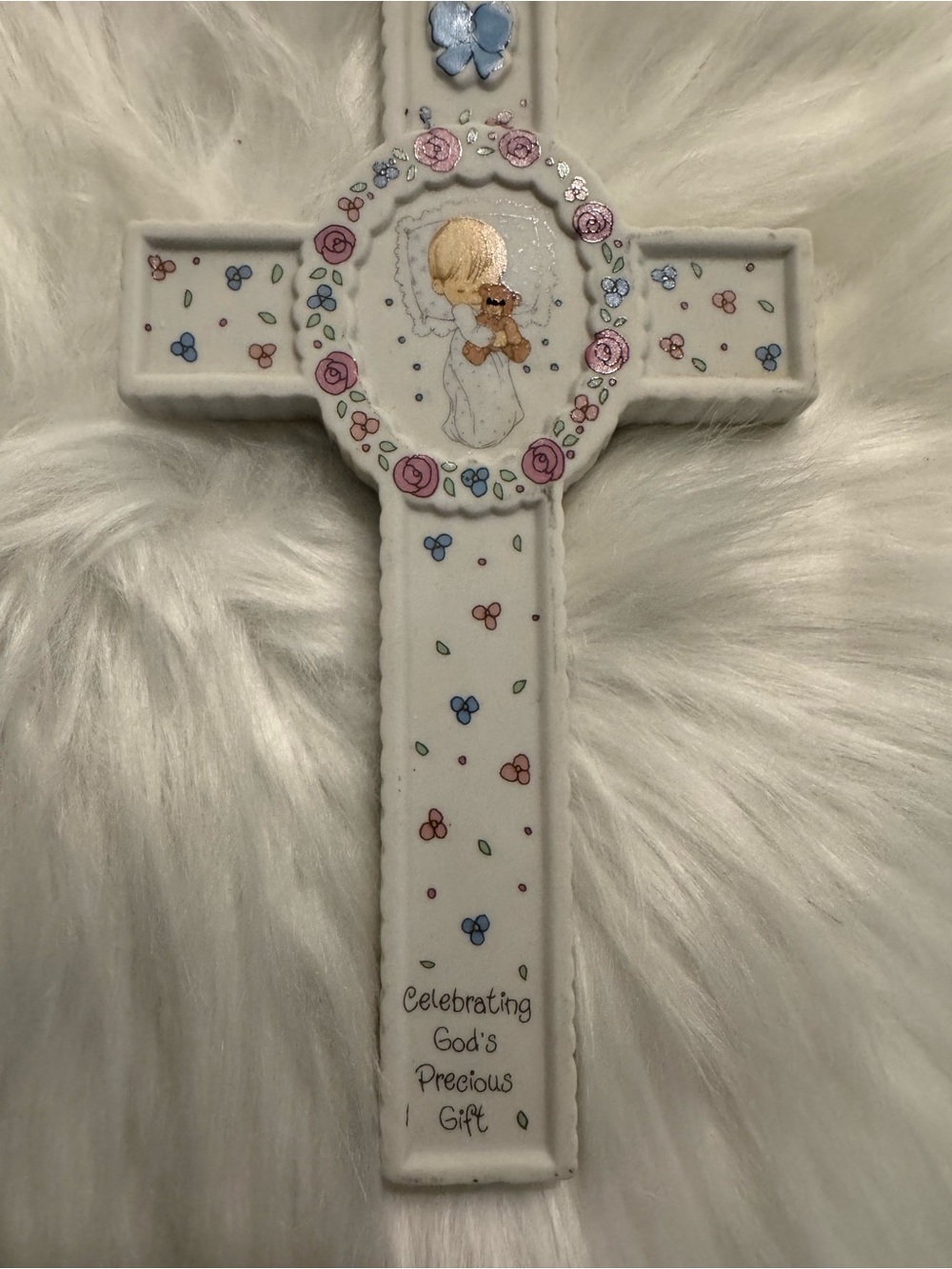 Vintage Precious Moments White Ceramic Cross with Pink and Blue Accents